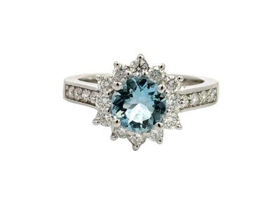 Mountz Collection Round Aquamarine Halo Ring in 14K White Gold