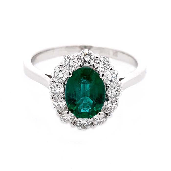 Mountz Collection Oval Emerald and Diamond Halo Ring in 14K White Gold