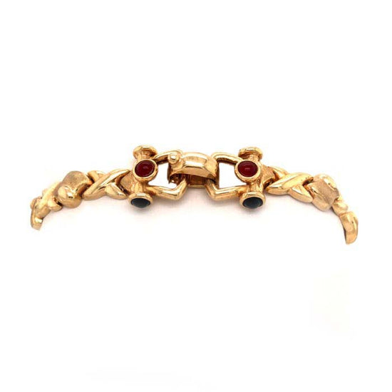 Estate Black Onyx and Carnelian Equestrian "XO" Link Bracelet in 14K Yellow Gold