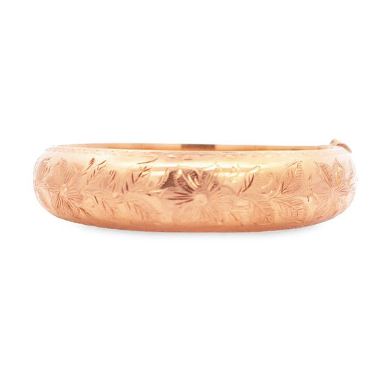 Estate 15MM Engraved Oval Bangle Bracelet in 18K Yellow Gold