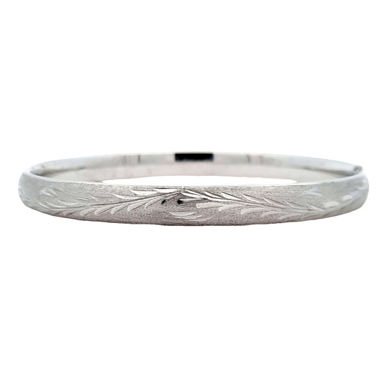 Estate 6MM Engraved Oval Bangle Bracelet in 14K White Gold