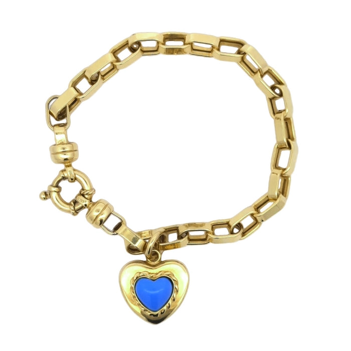 Estate Trace Link Bracelet with Turqouise Heart Charm in 14K Yellow Gold