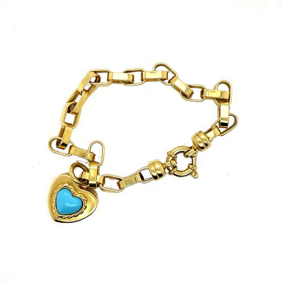 Estate 7" Open Hollow Trace Link Bracelet with Turqoise Heart-shaped dangle in 14K Yellow Gold