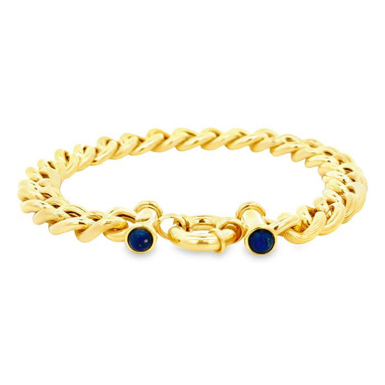 Estate Curb Chain Bracelet with Lapis Accents in 14K Yellow Gold