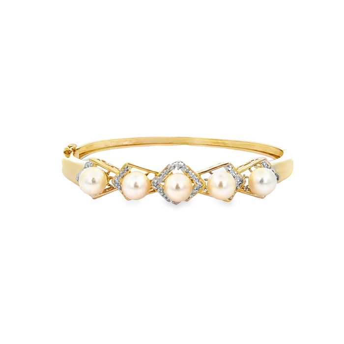 Estate Pearl and Diamond Oval Bangle Bracelet in 14K Yellow Gold