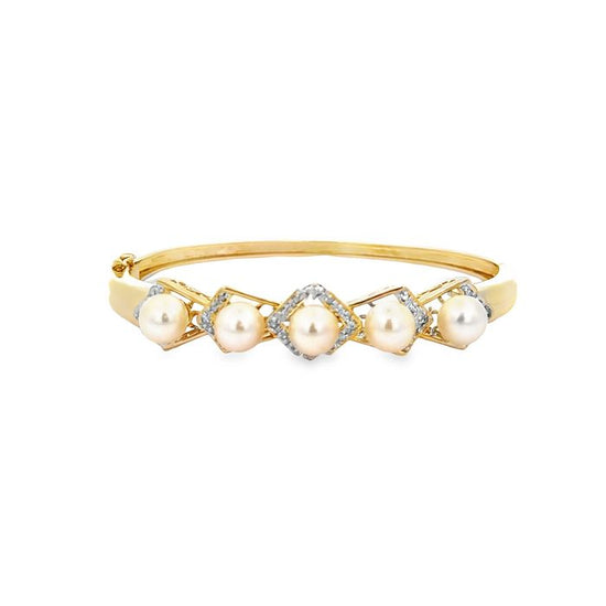 Estate Pearl and Diamond Oval Bangle Bracelet in 14K Yellow Gold