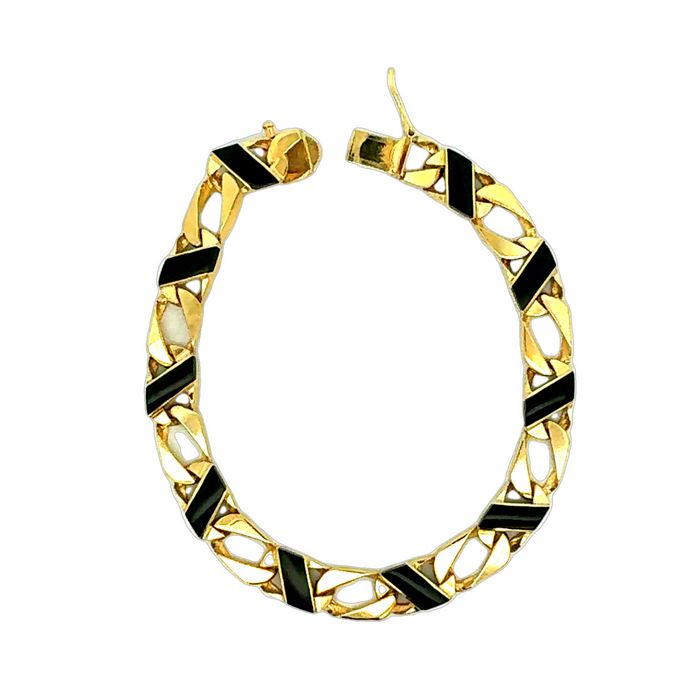 Estate 8" Curb Link Bracelet with Black Onyx Accents in 14K Yellow Gold