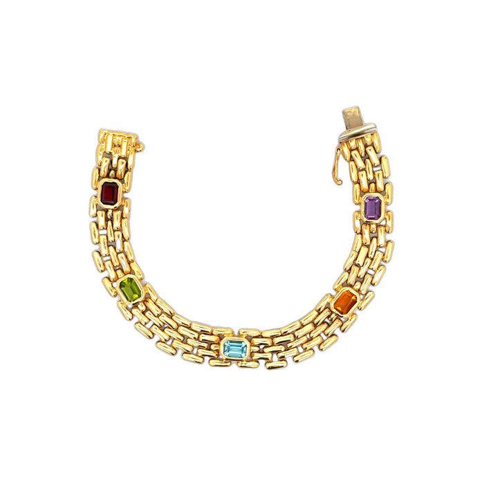 Estate 7" Multi-Gem Panther Link Bracelet in 14K Yellow Gold