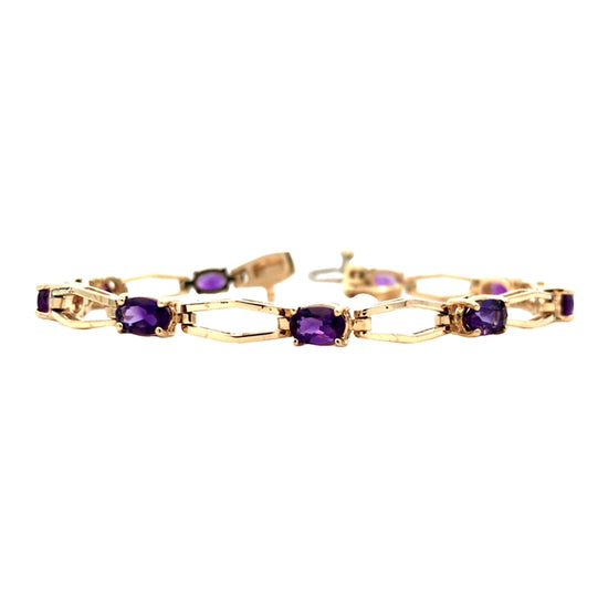 Estate 7" Oval Amethyst Link Bracelet in 14K Yellow Gold