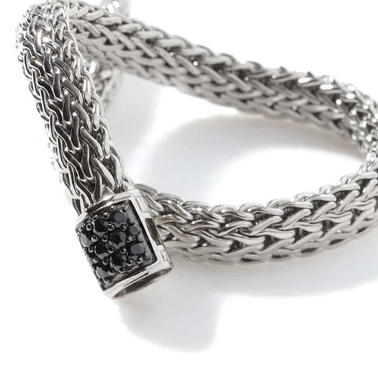 BkSa SM Classic Chain Bracelet Sterling Silver - 6.5MM Woven Oval chain has (10)Rd Black Sapphires Pave' set on Pusher Clasp - Sz 2 XL