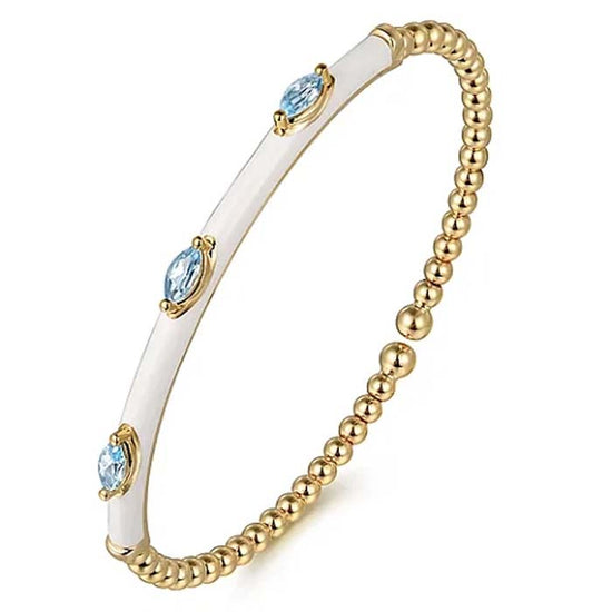 Gabriel & Co. White Enamel Bujukan Split Bangle with Blue Topaz in 14K Yellow Gold