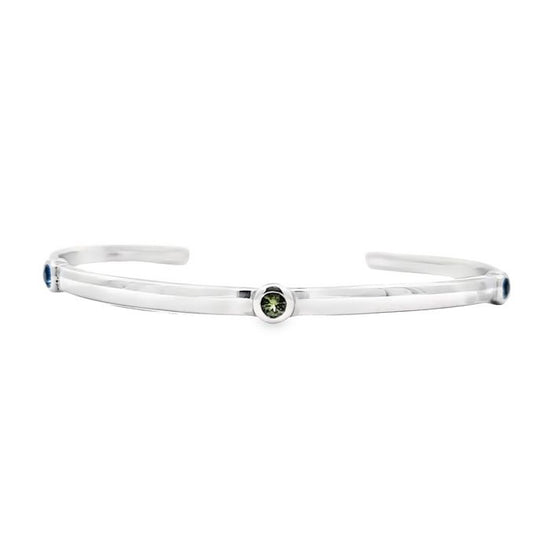 Mountz Collection Three-Stone Family Cuff Bracelet with London Blue Topaz and Peridot in Sterling Silver