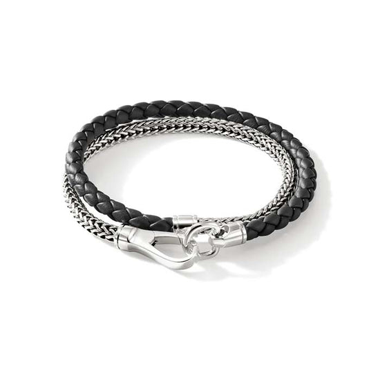 John Hardy 4.5MM Black Leather Double Wrap Bracelet in Sterling Silver