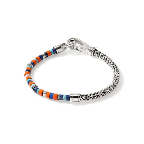 John Hardy 4MM Lapis, Turquoise and Orange Enamel Heishi Chain Bracelet in Sterling Silver - Size Large