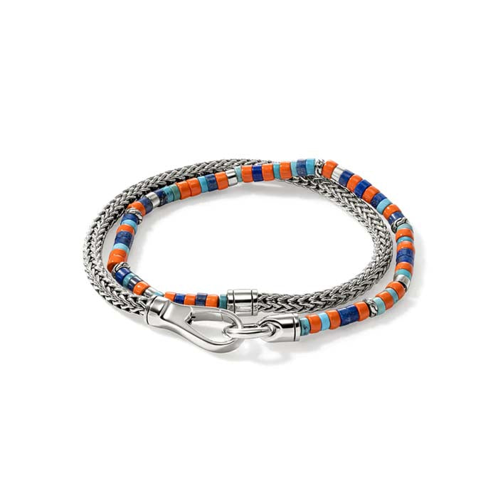 John Hardy 4MM Lapis, Turquoise and Orange Enamel Heishi Chain Bracelet in Sterling Silver