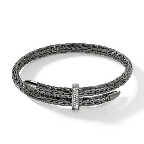 John Hardy Pavé Spear Cuff in Black Rhodium Sterling Silver - Size Small