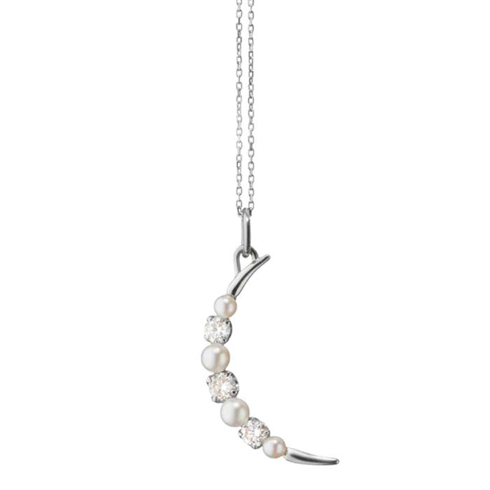 Monica Rich Kosann White Sapphire and Pearl Moon Charm Necklace in Sterling Silver