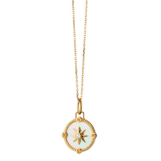 Monica Rich Kosann Mother of Pearl Mini "Adventure" Compass Charm Necklace in 18K Yellow Gold