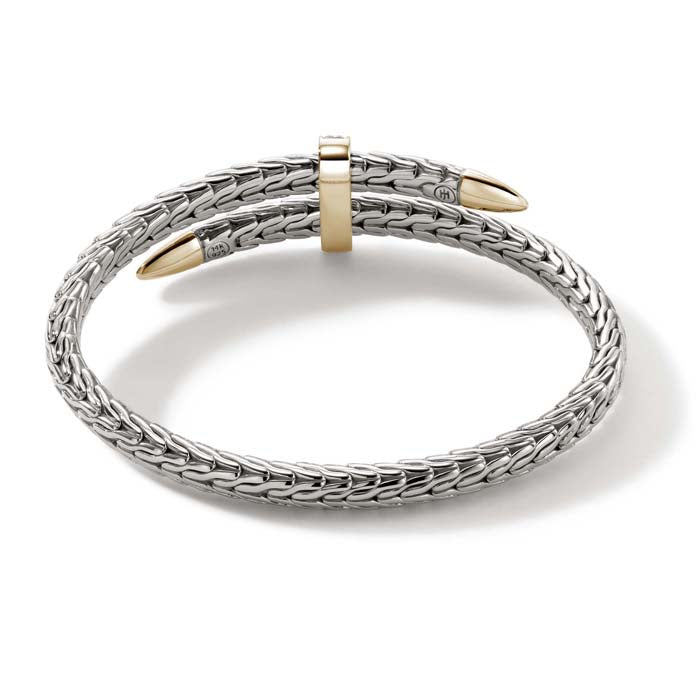 John Hardy Spear Pavé Flex Cuff in Sterling Silver and 14K Yellow Gold - Size Small