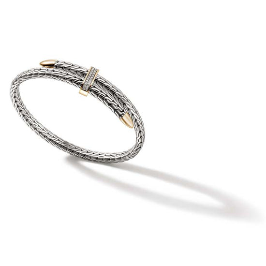 John Hardy Spear Pavé Flex Cuff in Sterling Silver and 14K Yellow Gold - Size Small