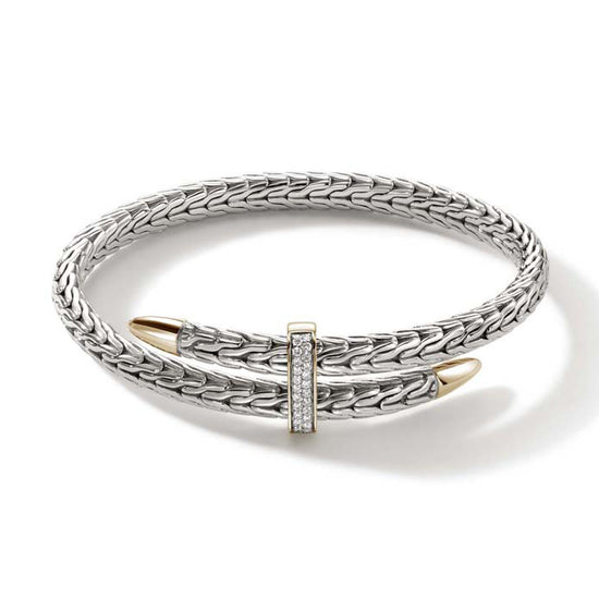 John Hardy Spear Pavé Flex Cuff in Sterling Silver and 14K Yellow Gold - Size Small