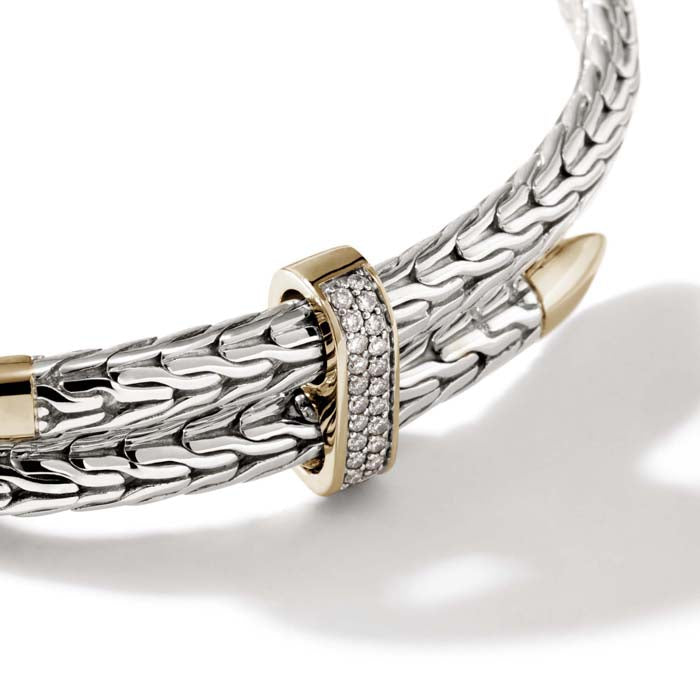 John Hardy Spear Pavé Flex Cuff in Sterling Silver and 14K Yellow Gold - Size Medium