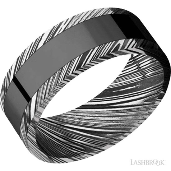 Lashbrook 8MM Woodgrain Damascus Wedding Band with Zirconium