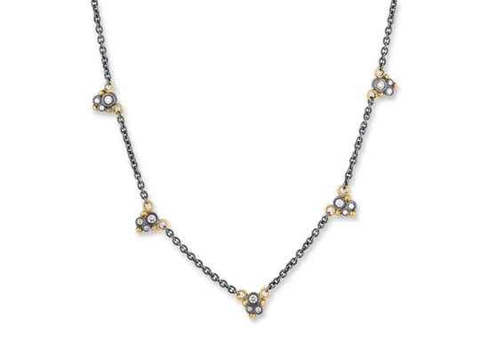 Dylan Five Station Necklace with Diamonds in Oxidized Sterling Silver and 24K Yellow Gold