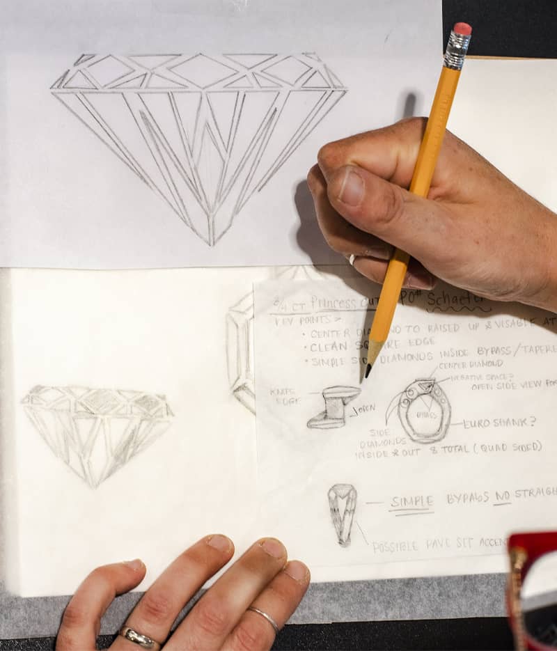 Photo of jewelry designer sketching custom jewelry design schematics