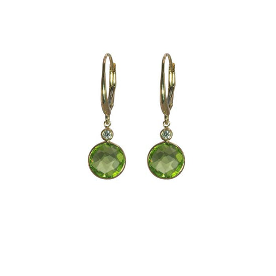 Mountz Collection Round Drop Peridot Earrings with Diamond Detail in 14K Yellow Gold