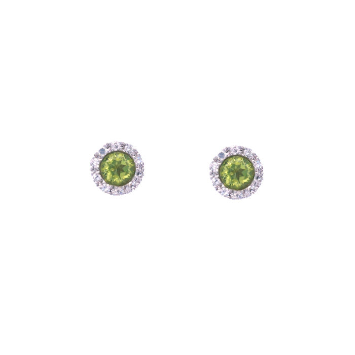 Mountz Collection Peridot Stud Earrings with Diamond Halo in 14K White Gold