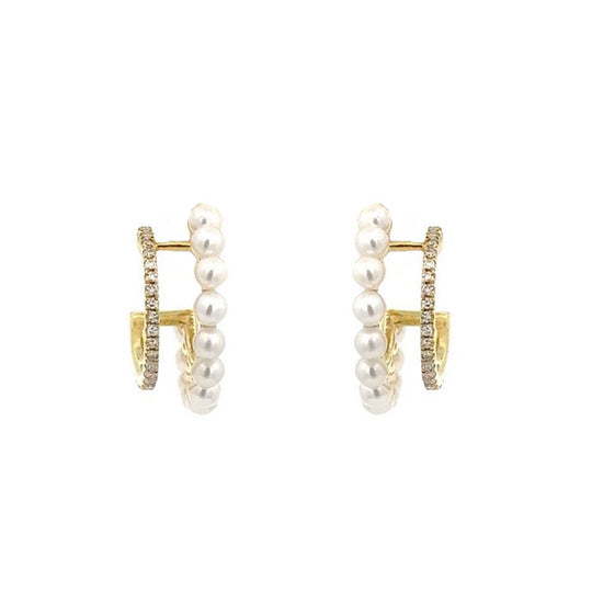 Mountz Collection Pearl and Diamond Huggie Earrings in 14K Yellow Gold