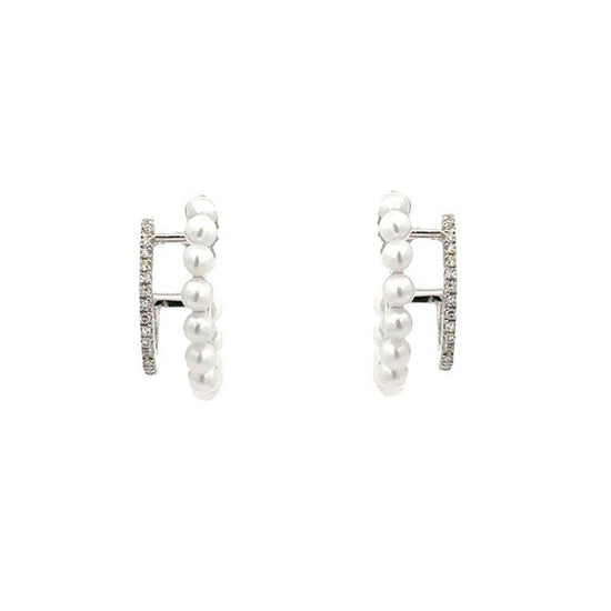 Mountz Collection Pearl and Diamond Huggie Earrings in 14K White Gold