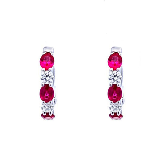 Mountz Collection Ruby and Diamond Oval Hoop Earrings in 14K White Gold