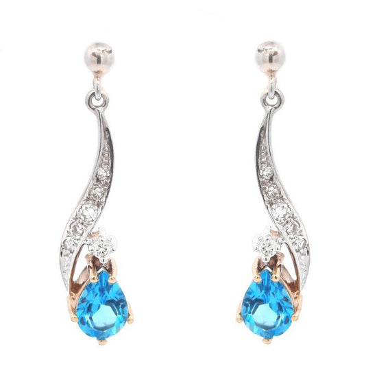 Estate Blue Topaz and Single Cut Diamond Dangle Earrings in 14K White and Yellow Gold