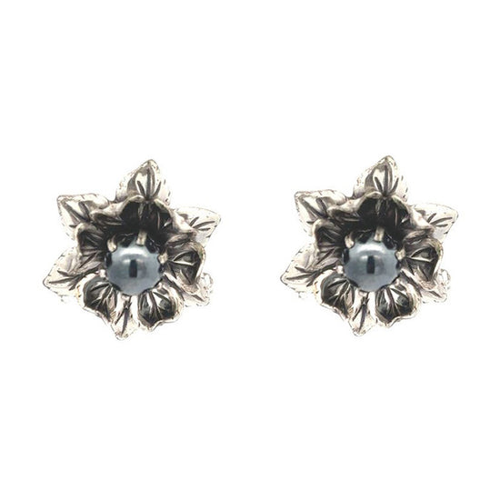 Estate Hematite Center Flower Earrings in Sterling Silver