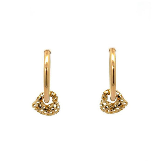 Estate  20MM Hoop Earrings with Diamond-Cut Heart Charms in 14K Yellow Gold