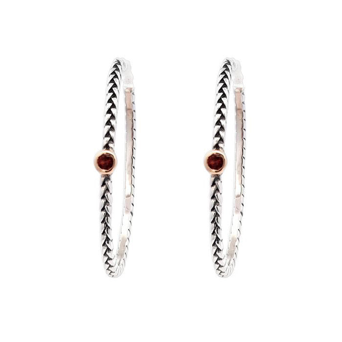 Estate Garnet Oval Hoop Earrings in Sterling Silver and 14K Yellow Gold