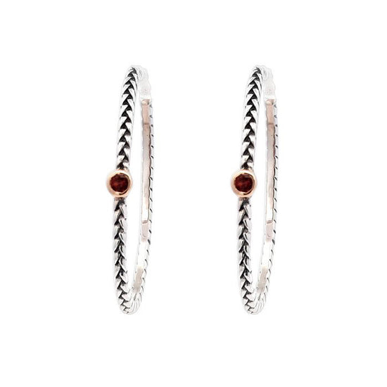 Estate Garnet Oval Hoop Earrings in Sterling Silver and 14K Yellow Gold