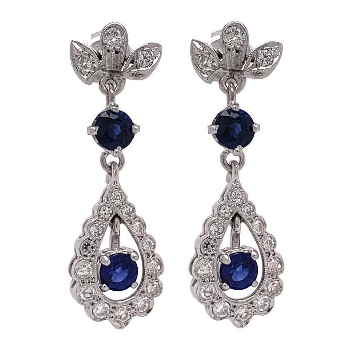 Estate Sapphire and Diamond Drop Earrings in 14K White Gold