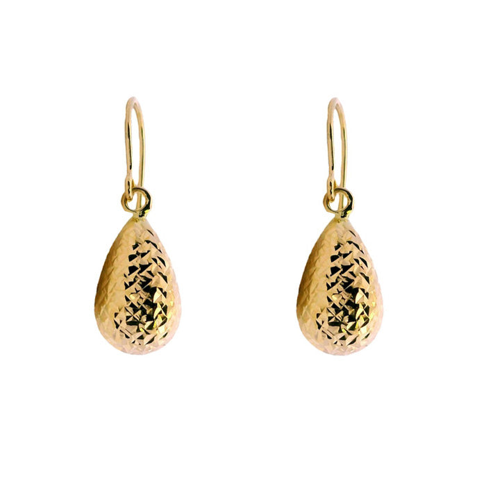 Estate Teardrop Hollow Diamond-Cut Textured Earrings in 14K Yellow Gold