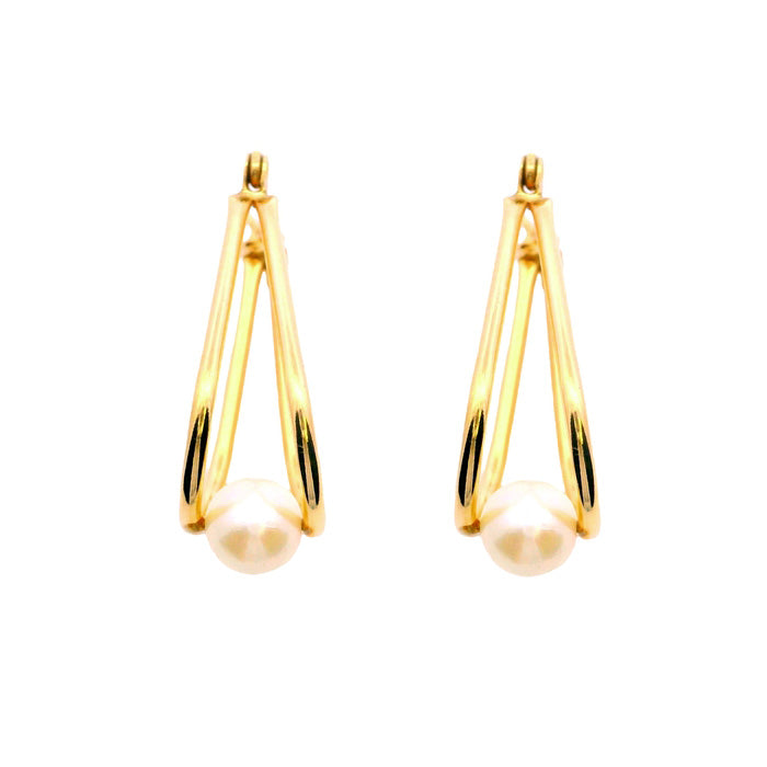 Estate Pearl Split Hoop Earrings in 14K Yellow Gold