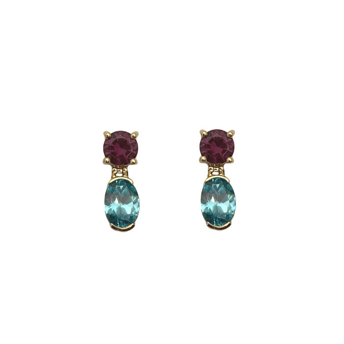 Roger Dery Rhodolite Garnet and Blue Zircon Drop Earrings in 14K Yellow Gold