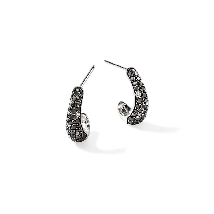 John Hardy Surf Hoop Earrings "Black Sand" Diamond Pavé Earrings in Sterling silver, 15.5mm