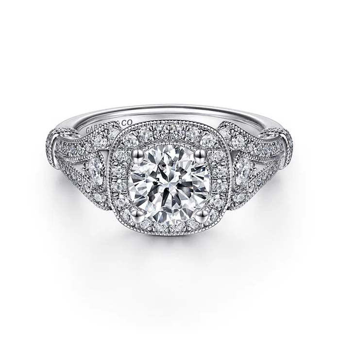 Gabriel & Co. "Delilah" Vintage Inspired Cushion Halo Engagement Ring Semi-Mounting in 14K White Gold