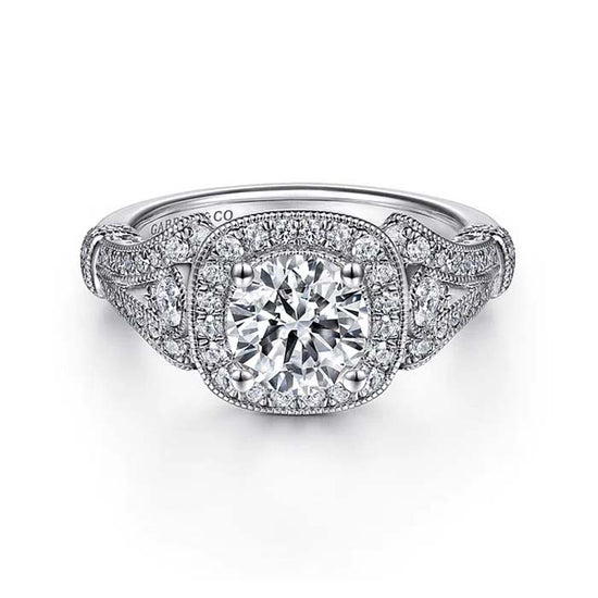 Gabriel & Co. "Delilah" Vintage Inspired Cushion Halo Engagement Ring Semi-Mounting in 14K White Gold