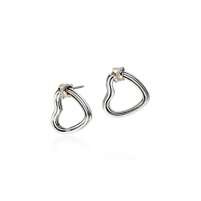 John Hardy Bamboo Heart Hoops with Diamonds in Sterling Silver and 14K Yellow Gold