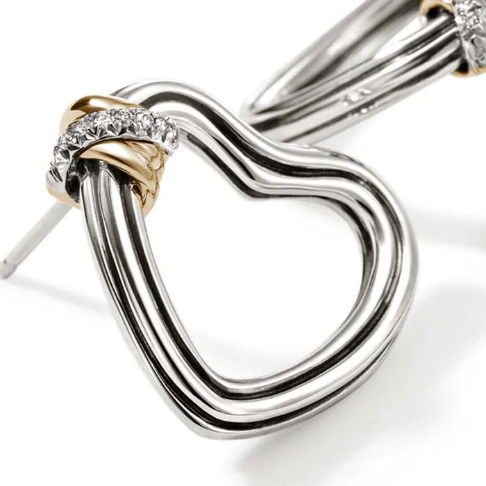 John Hardy Bamboo Heart Hoops with Diamonds in Sterling Silver and 14K Yellow Gold