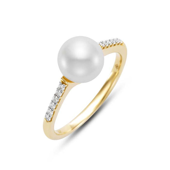 Mastoloni 8-8.5mm Freshwater Cultured Pearl Ring with Diamonds in 14K Yellow Gold