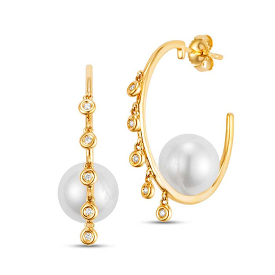 Mastoloni Pearl Hoops with Diamond Fringe in 14K Yellow Gold